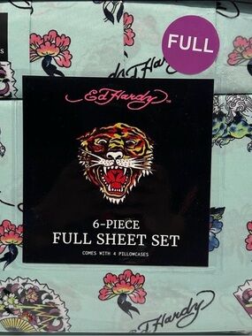 NWT Ed Hardy Full Sheet Set - Mint Floral with Tiger Graphic